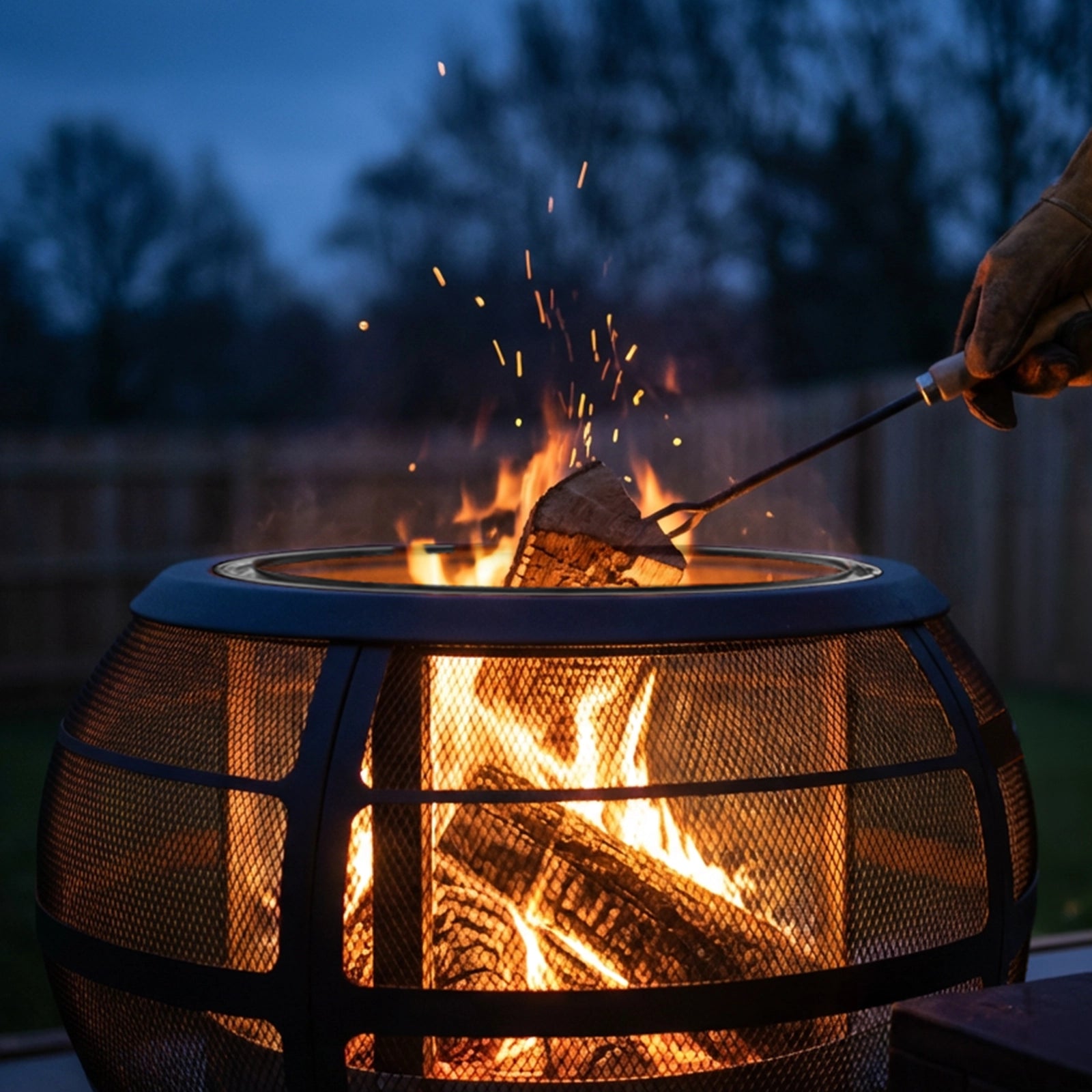 Person using a fire poker to tend to a fire in an outdoor fire pit at dusk.