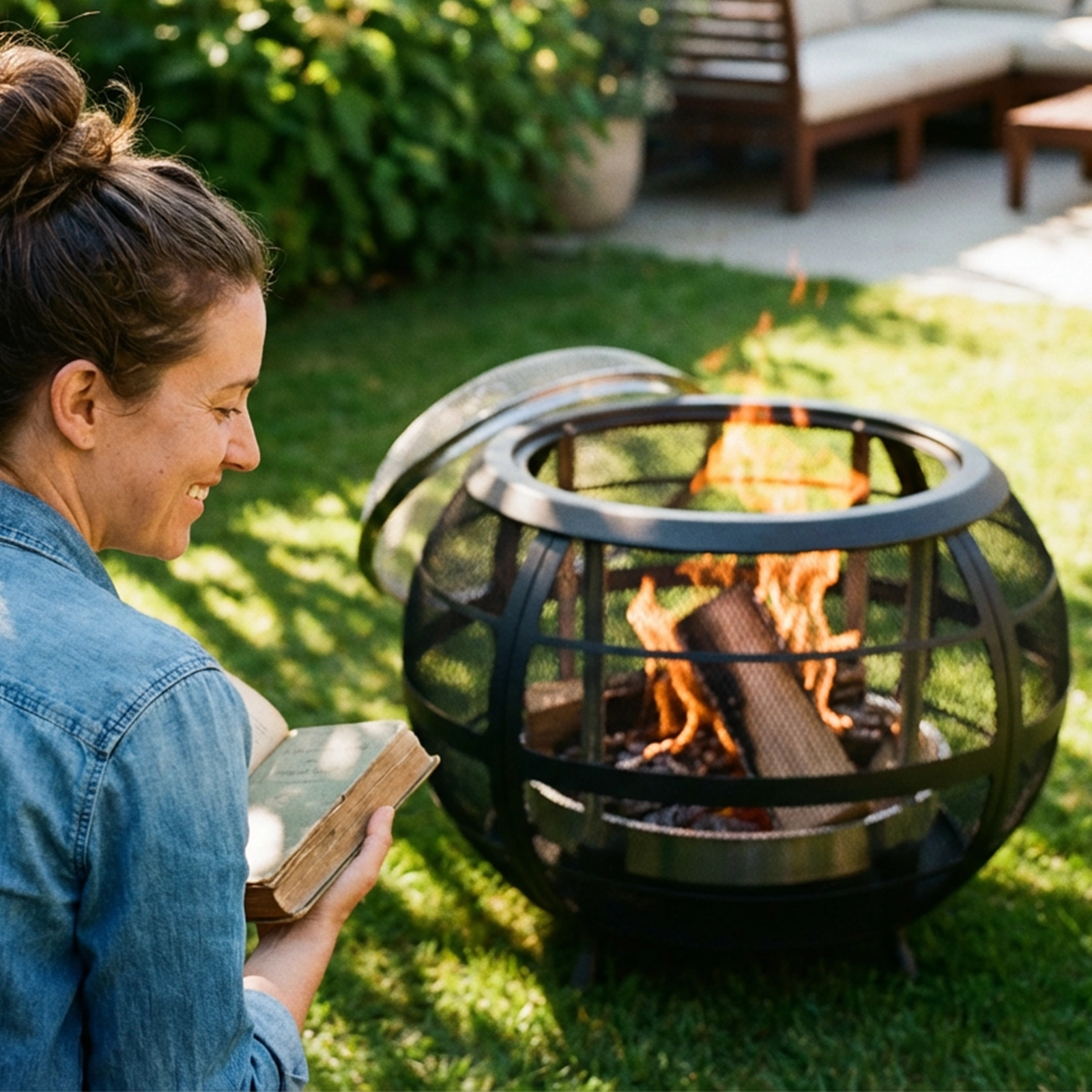 Woman reading a book by a fire pit in a garden