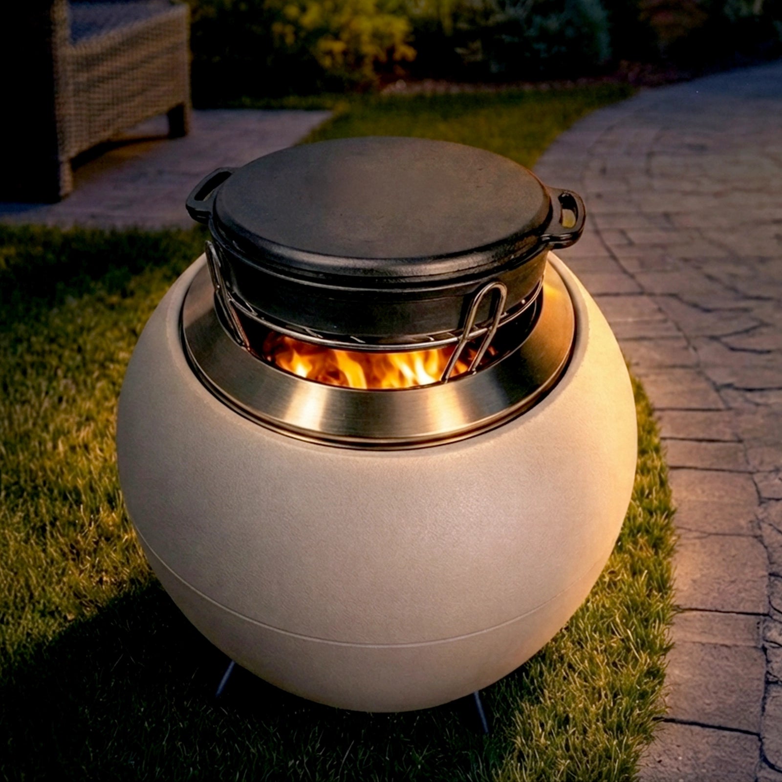 Spherical outdoor fire pit with a lid on a grassy area