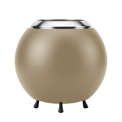 Beige spherical firepit with a metallic rim on a white background