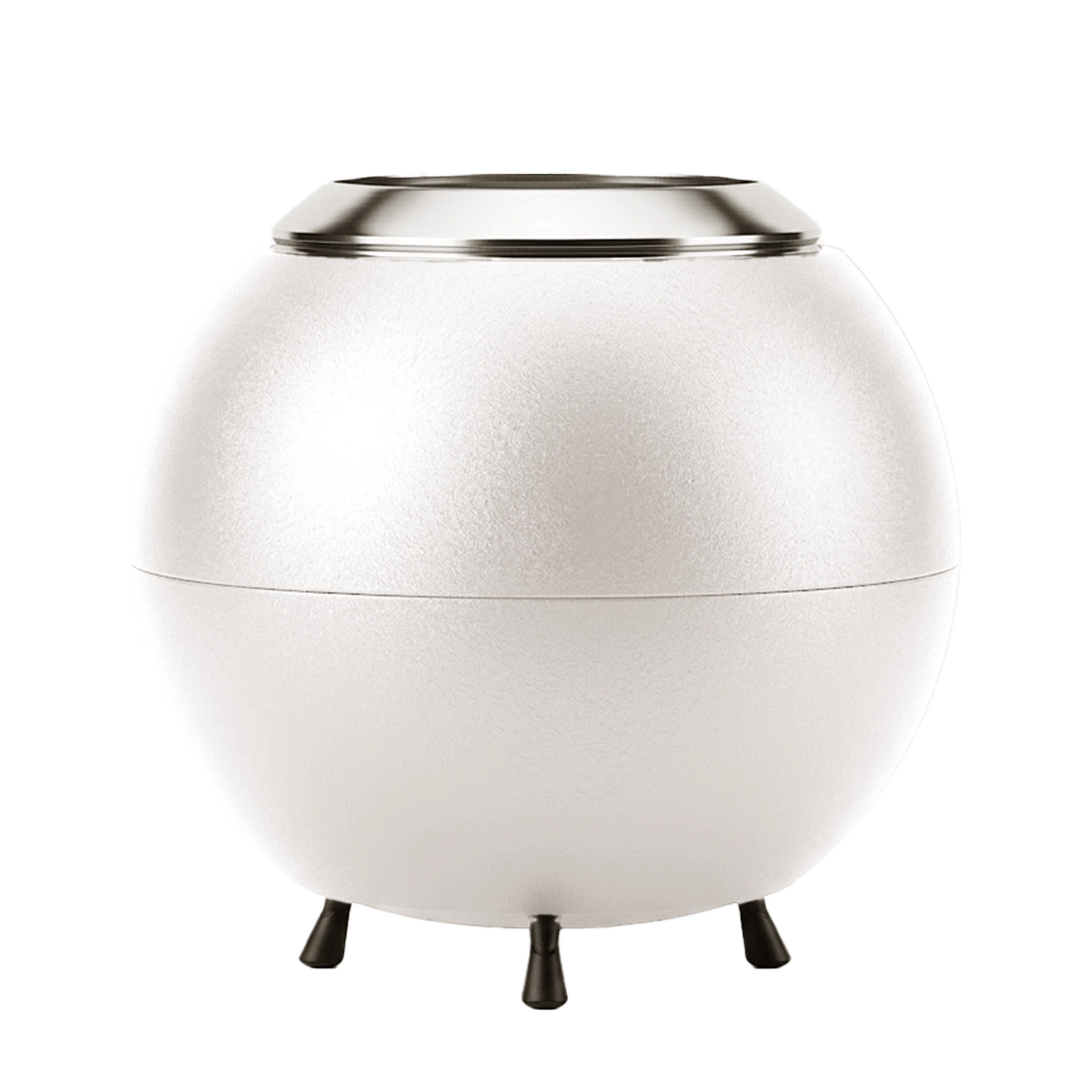 White spherical firepit with a metallic top on a white background