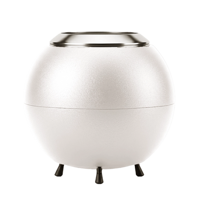 White spherical firepit with a metallic top on a white background