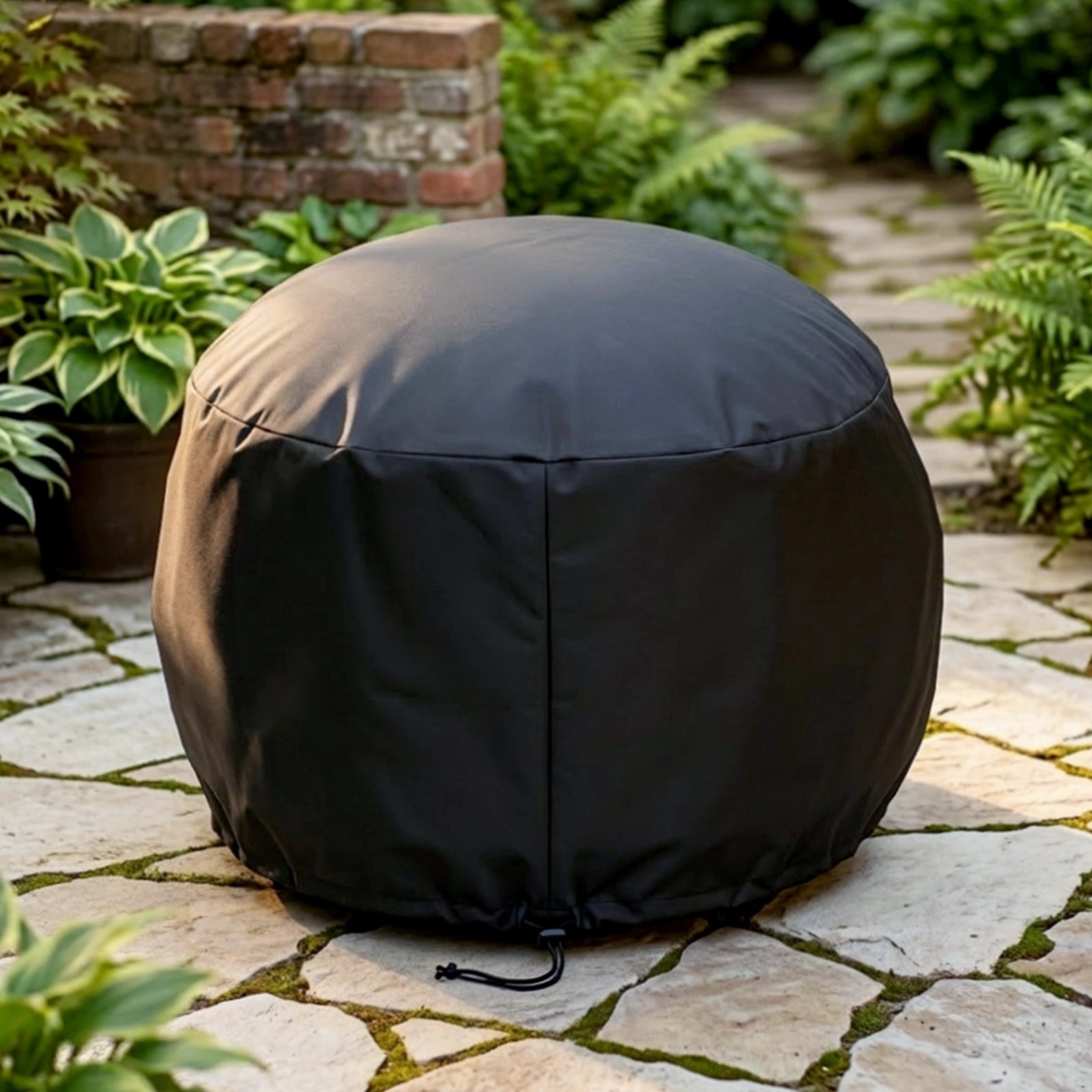 Black fire pit cover on a stone patio with plants in the background